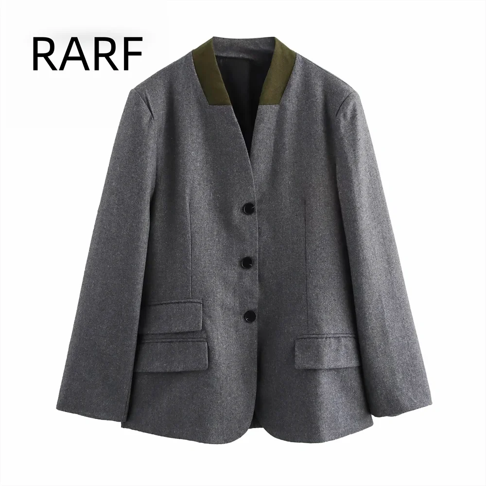 24 autumn/winter new women's clothing contrasting collar sleeves with slit long sleeves and pockets, casual suit jacket