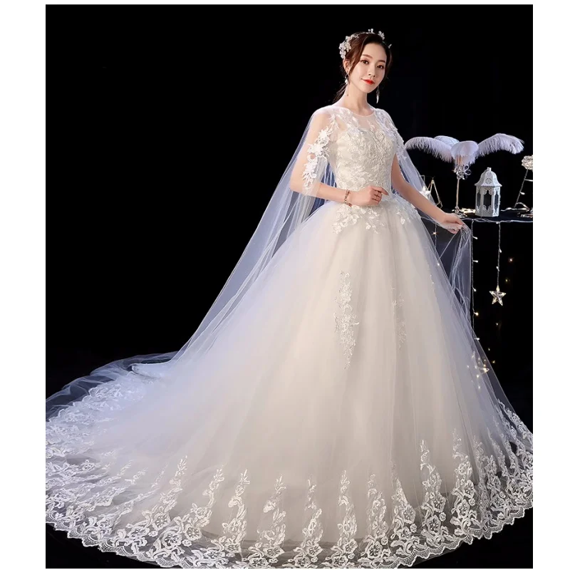 C'est Yiiya-Robes de mariée en tulle blanc, grande taille, broderie, col rond, fibra à lacets, traînant la mariée princesse, peu importe XN002