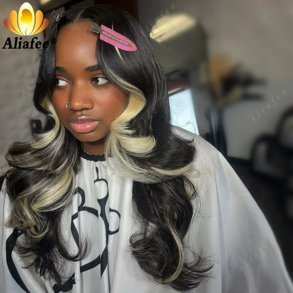 

Middle Part Drawstring 13x4 Transparent Lace Frontal Human Hair Wigs 1B Natural Black With 613 Blonde Highlight Body Wave Wig