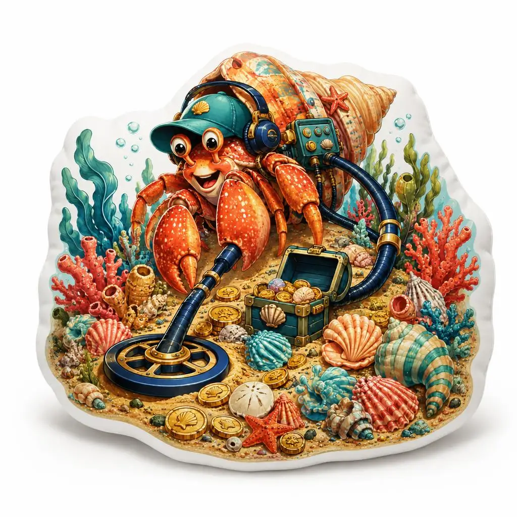 Metal Detecting Hermit Crab Pillow Treasure Hunter Cushion Beachcomber Throw Pillow Shaped Stuffed Coastal Home Decor Gift