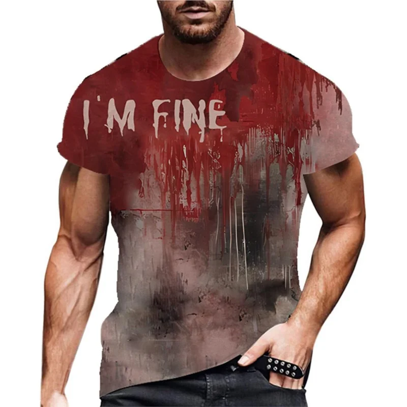 Terror Halloween Men's Blood I'm Fine Printed T Shirt Street Hip-hop Round Neck Short Sleeve Casual Funny Tee Shirts Tops