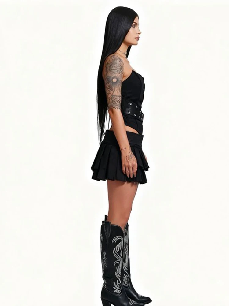 Uroczy, seksowny top na ramiączkach z wycięciami i patchworkiem, damski, modny, z metalową klamrą, nieregularnym dołem, bez rękawów, idealny na imprezę lub do klubu, elastyczny, obcisły.