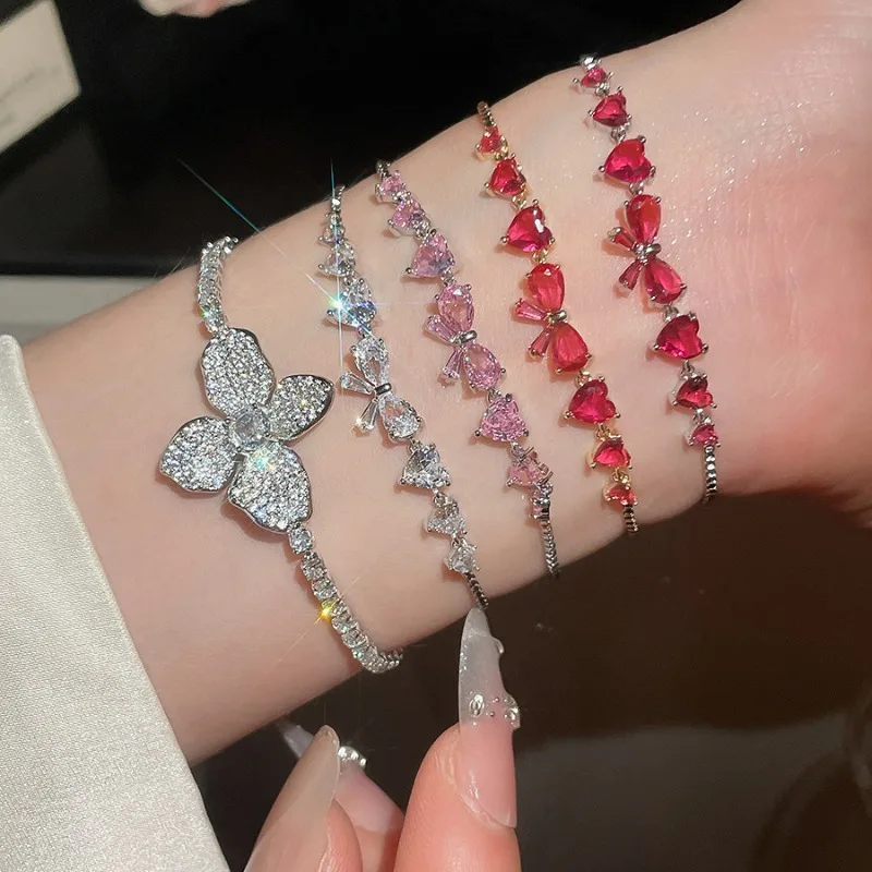 

Minar Light Luxury Multiple Colorful CZ Cubic Zirconia Flower Heart Bowknot Charm Bracelets for Women Mujer Silver Plated Copper
