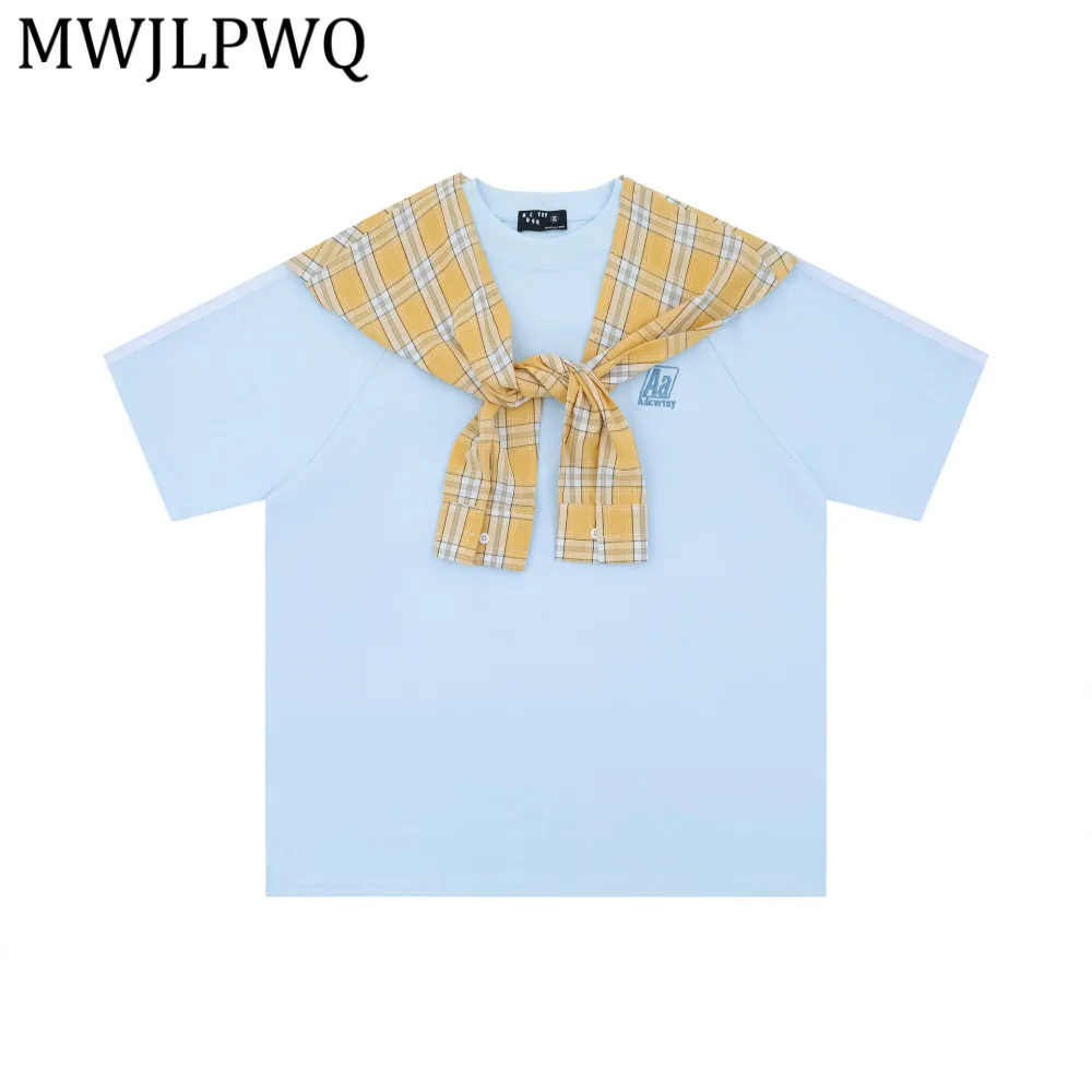 

MWJLPWQ Summer New American Retro Simple T-Shirt For Men Versatile Plaid Short-Sleeve Summer Unisex Loose Fit Casual Tops 15407