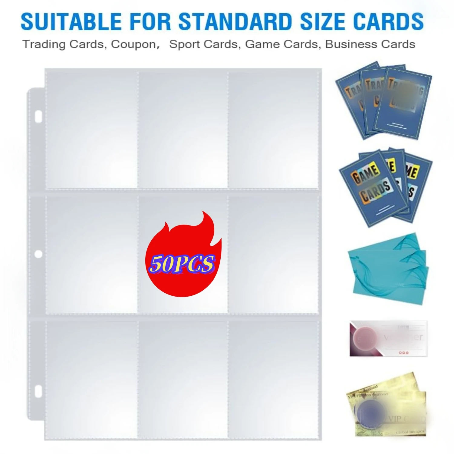 50pcs 3 Holes Card Organizer Binder Trading Card Sleeve - Clear Double Sided 4/9 Grids Game Card Pocket Protector