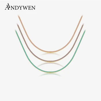 ANDYWEN 925 srebro tenis cyrkon urok długi łańcuszek Choker naszyjnik Rock Punk moda piękna biżuteria prezent wesele