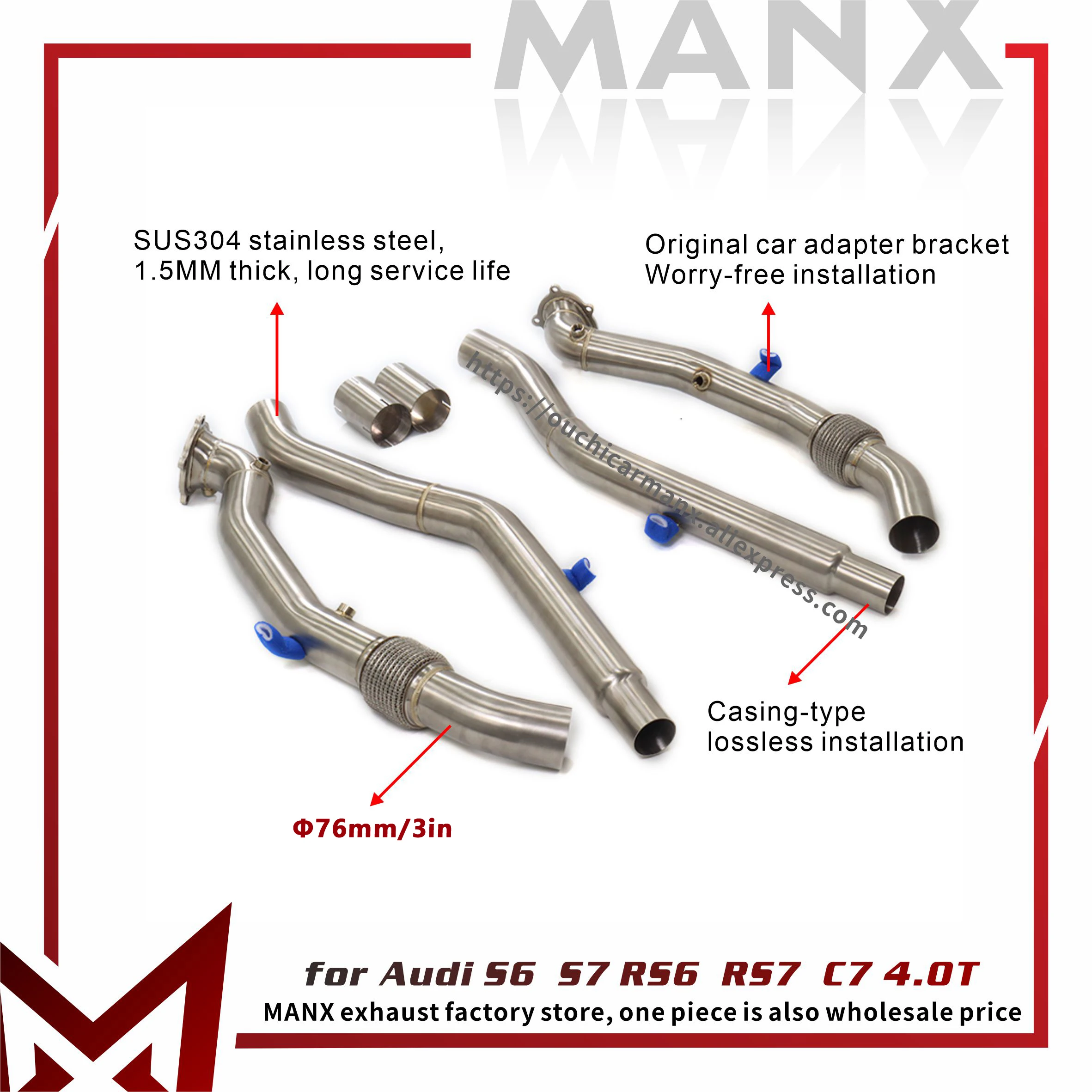 

TIG Welded Downpipe for Audi A6 S6 A7 S7 RS6 RS7 C7 4.0T | 76mm 3" Stainless Steel Catless Delete Pipe | Direct Fit & DIY