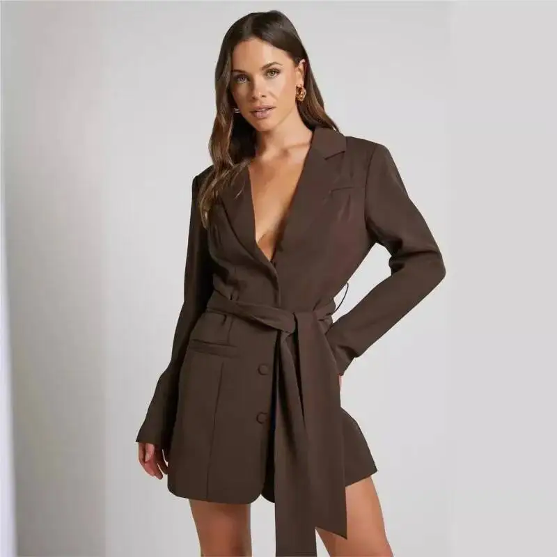 Foreign Style Solid Color Suit Coat Women's Spring Autumn Fashion Strap Design Sexy Deep V-Neck Coats Ladies Versatile Jacket