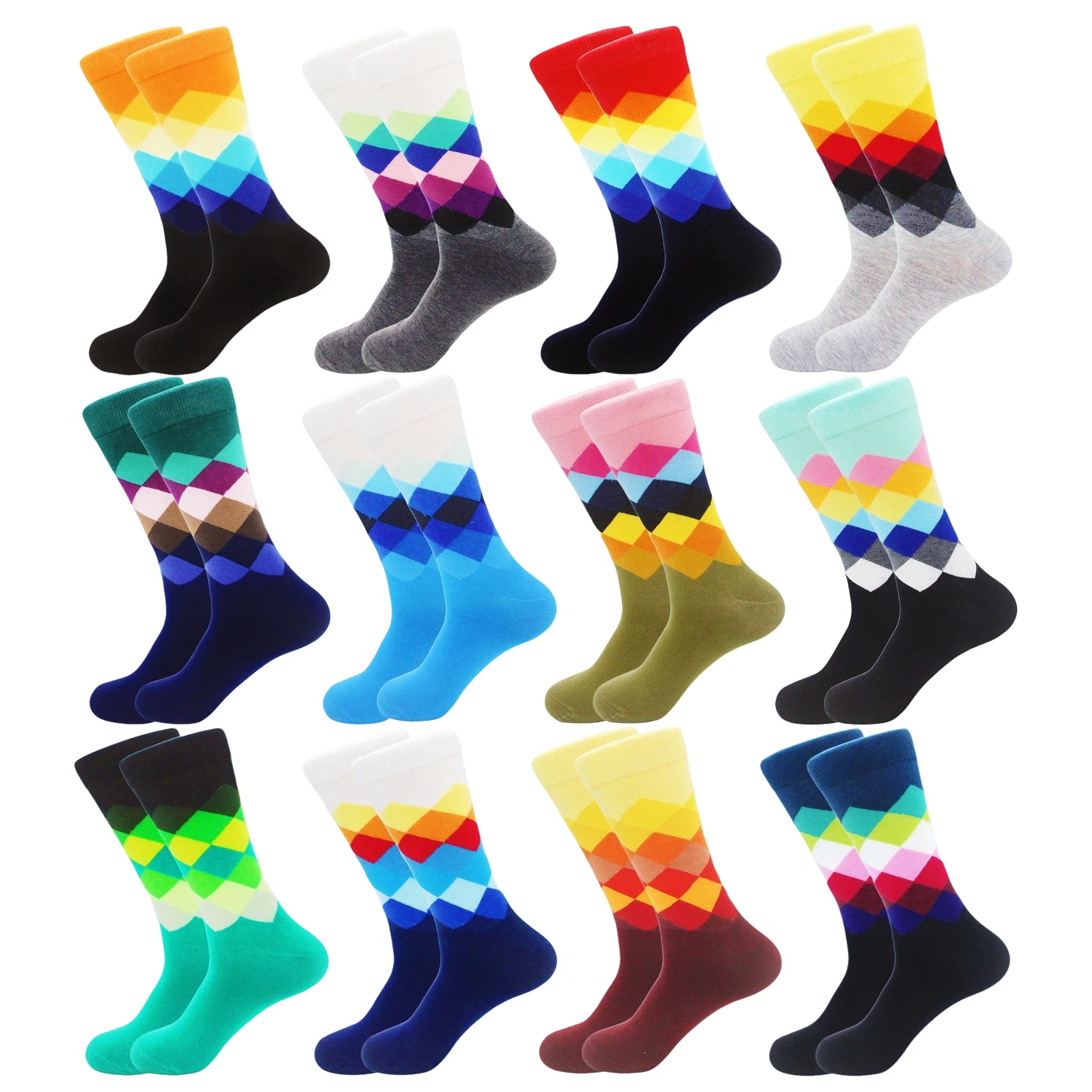 Large size extra large size rainbow diamond check autumn and winter men's trendy socks mid-calf