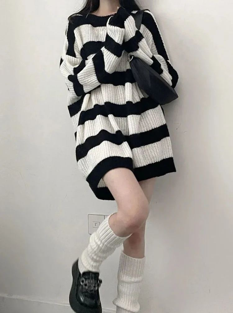 Jmprs Y2K Striped Sweaters Women Gothic Loose Punk Knitted Jumpers Streetwear Harajuku Long Sleeve Vintage Lady Pullovers Tops