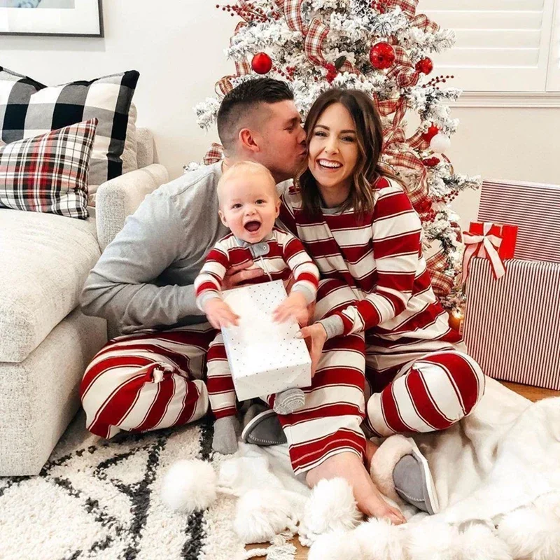 New Christmas 2024 Mom Daughter Dad Son Matching Pajamas Set Full Sleeve Striped Print Sleepwear Baby Romper Family Look Pijamas