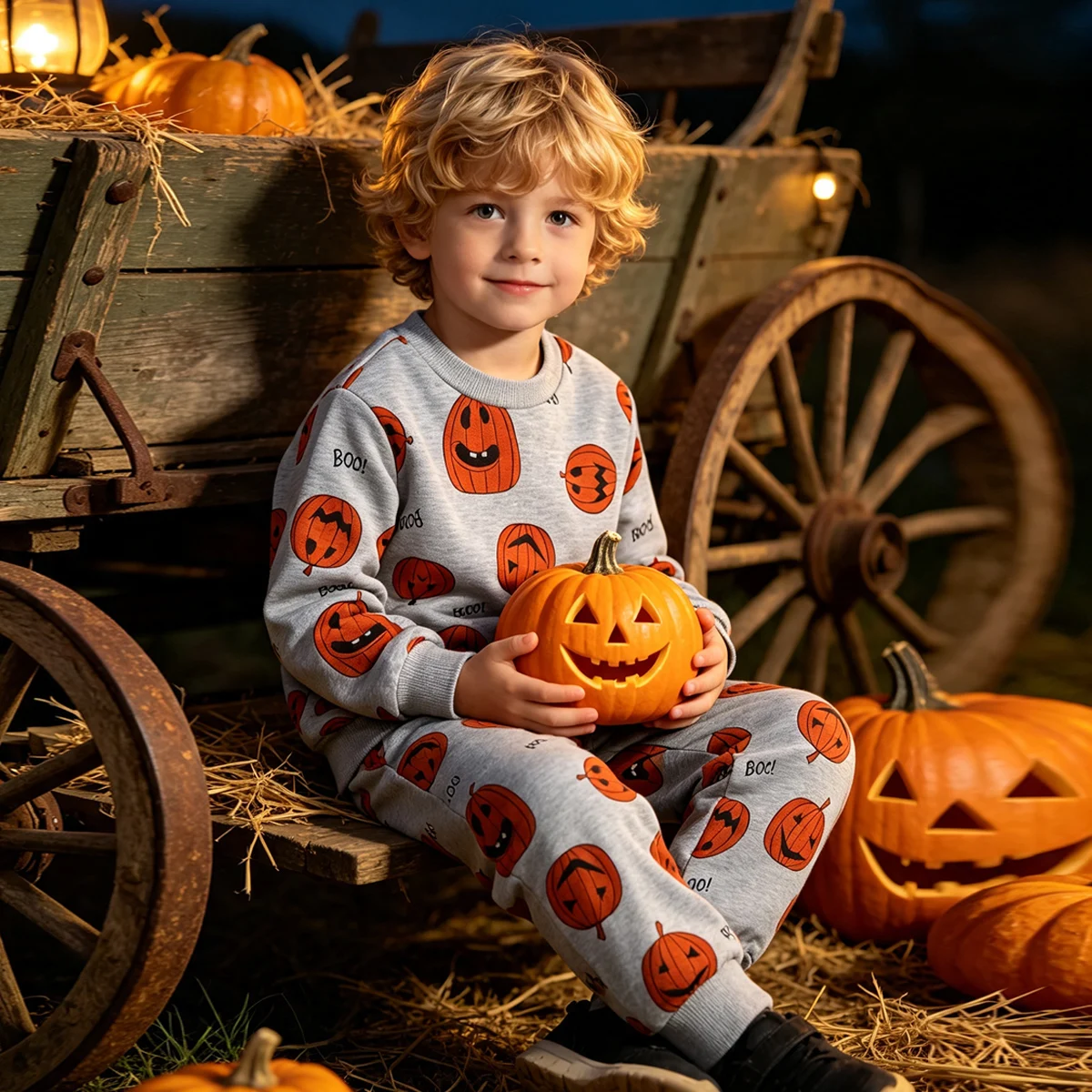 2-piece Autumn And Winter Children's Halloween Cute Printed Sweatshirt And Pants Set For Boys And Girls Thanksgiving Fashion Set