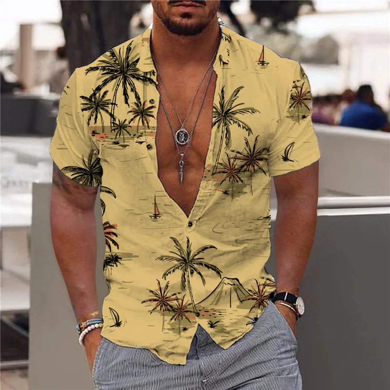 

2023 Hawaii Shirts and Coconut Tree Men's Large 3D Print Beach Retro 5xl Fashion Top Man Casual Single Breasted Short Sleeve