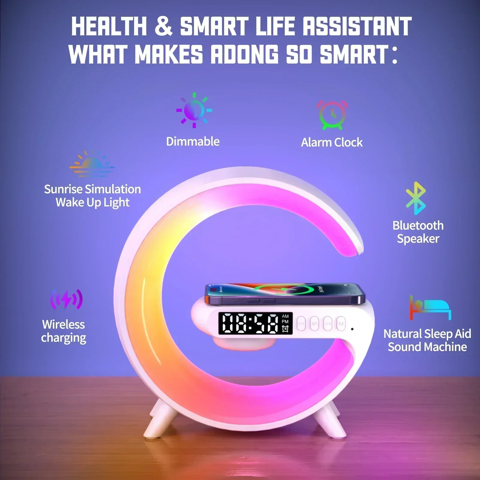 Wireless Charger Station Night Light LED RGB Desk Lamp Alarm Clock Bluetooth Speaker For iPhone Samsung Fast Charging Stand Pad