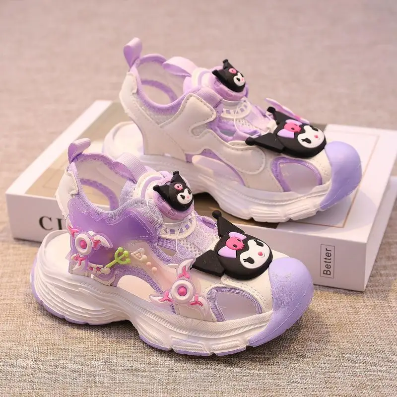 Sanrios Kuromi Kids Sandals Cute Summer Casual Luminous Sweet Sneakers Cartoon Turn Button Trainers Anime Leisure-Shoe Girl Gift