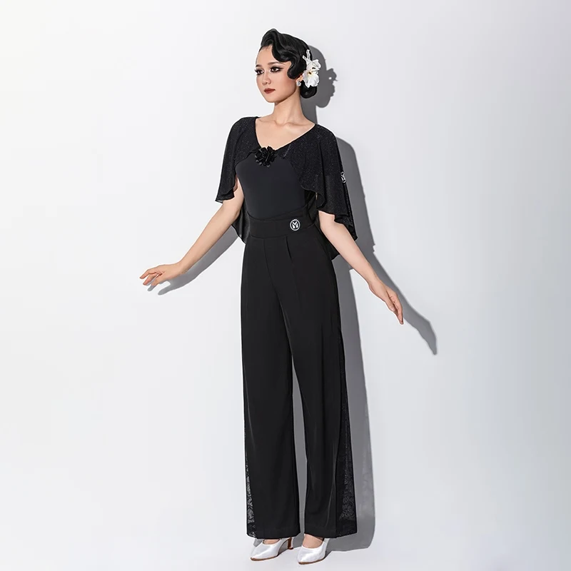 

New Waltz Modern Dance Clothing Performance Costumes V-neck Mesh Top High Waist Pants Suit Ballroom Dress Practice Wear DN21433