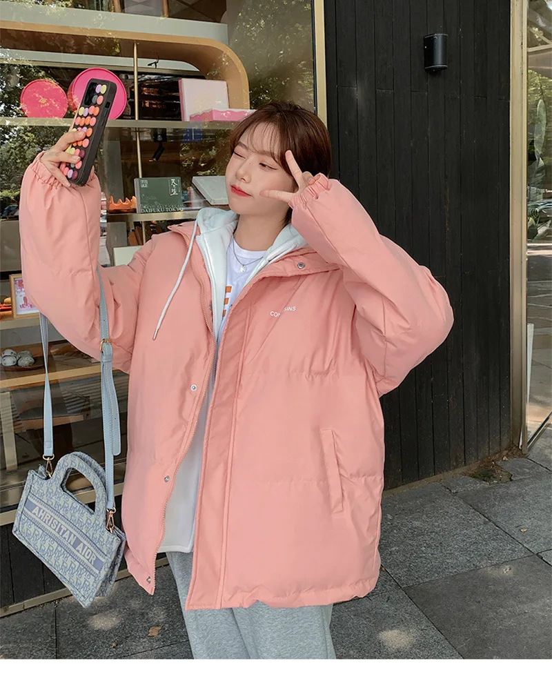 Women Short Parkas Coats Solid Jackets Hooded Drawstring Zipper Pocket Long Sleeves Thick Loose Streetwear Casual 2025 Winter