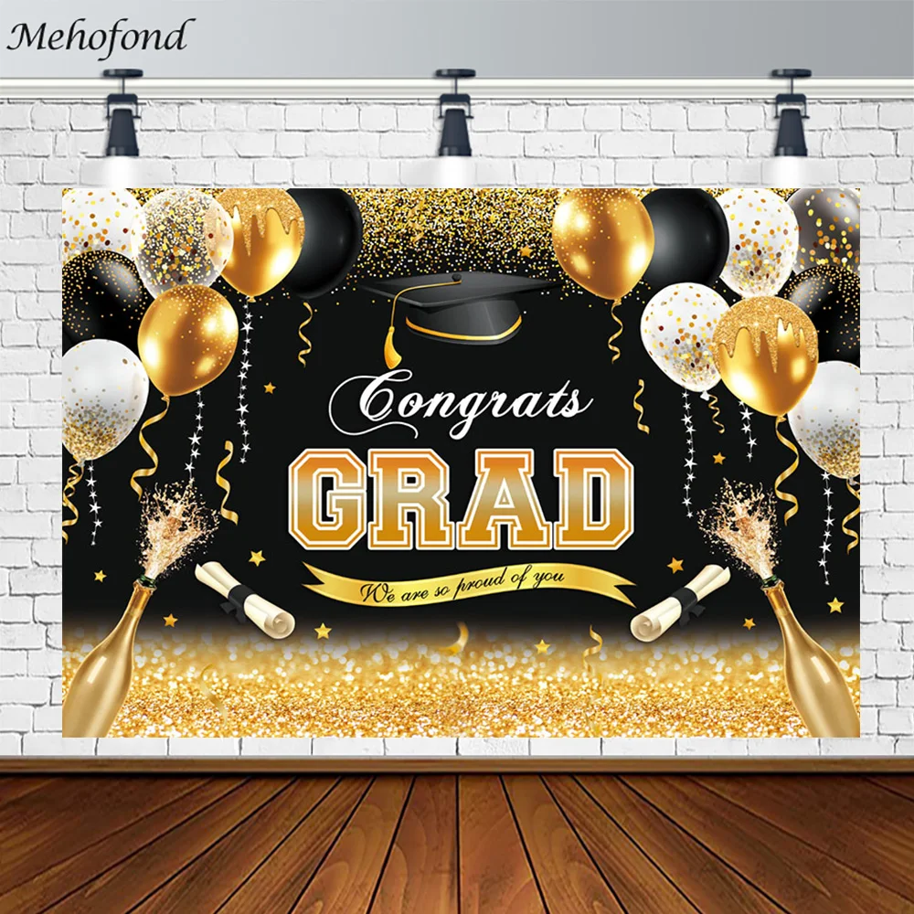 Mehofond Graduation Decor Backdrop Congrats on Grad 2023 Glitter Champagne Balloon  Photography Background Photo Props Custom