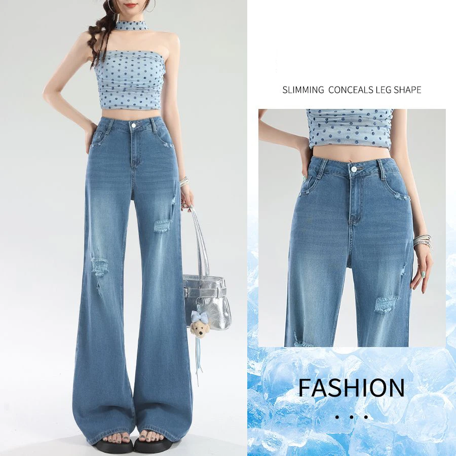 New Summer Thin Tencel Micro Flare Jeans for Women, High Waist Figure-Flattering Ripped Denim Pants with Good Drape