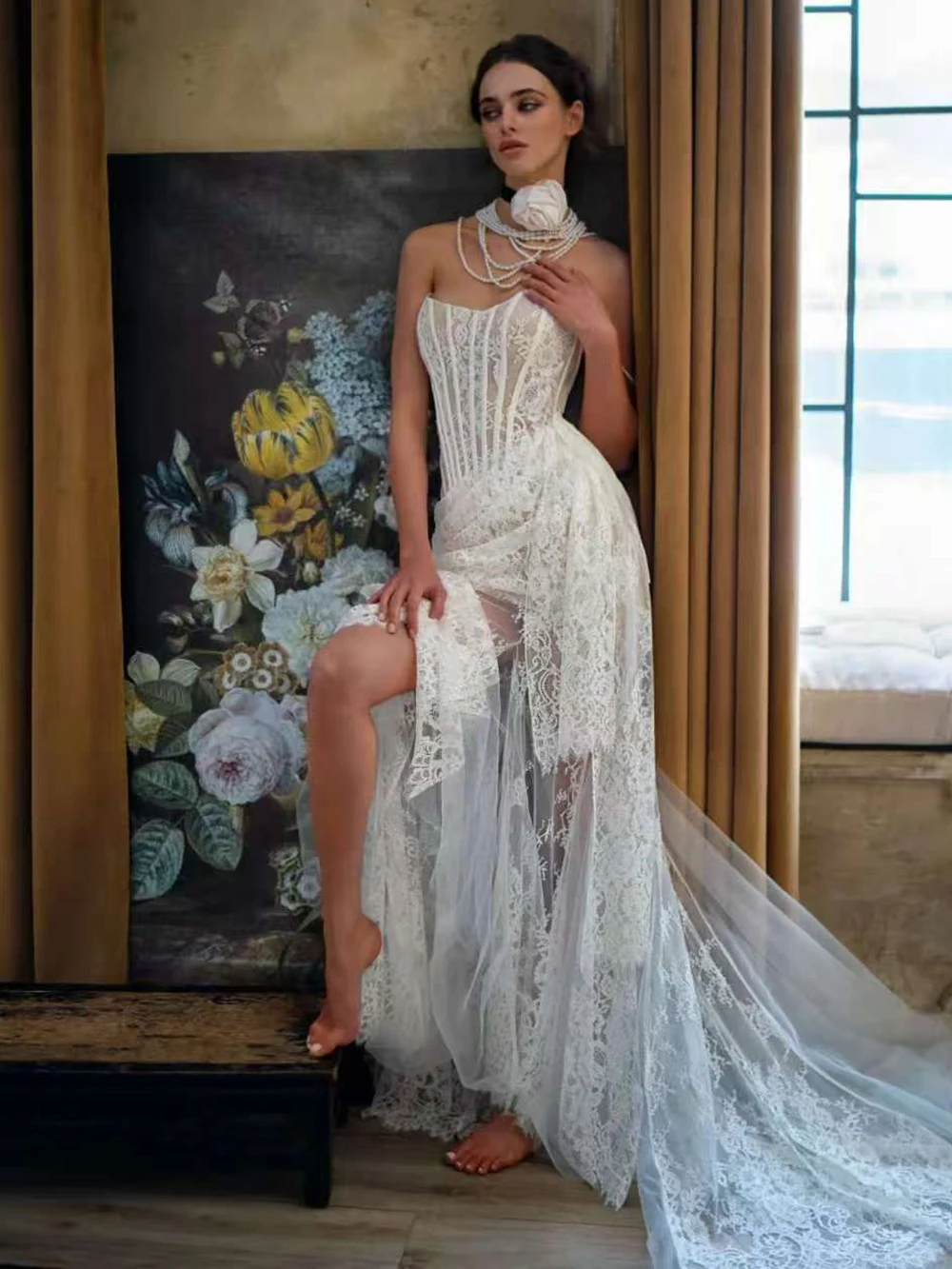 High-end European And American Sexy Lace Sheer Patchwork Waist-Cinching Off-Shoulder Dress Elegant And Graceful Gowns