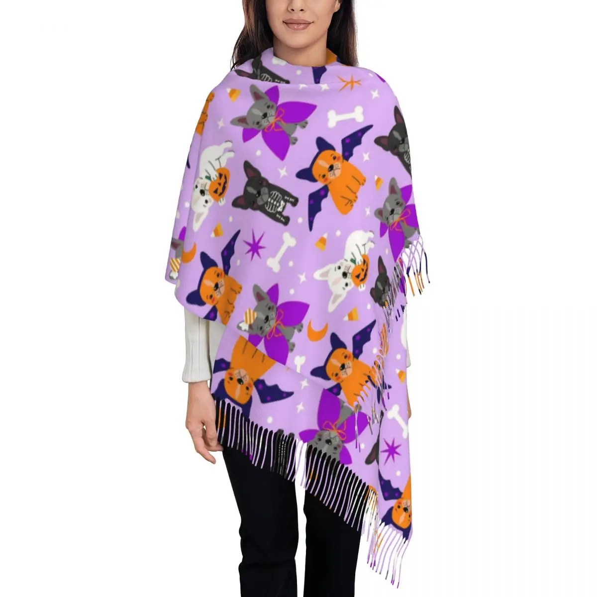 Halloween Bulldog Dog Scarf for Womens Warm Winter Pashmina Shawl Wrap Bone Single-sided Pattern Shawl Scarf for Evening Dress