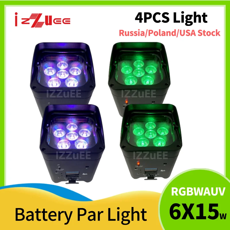 4pcs Wireless Battery Par Light with Bag 6x18W RGBWAUV 6IN1 Remote Portable Par LED Stage Effect Light