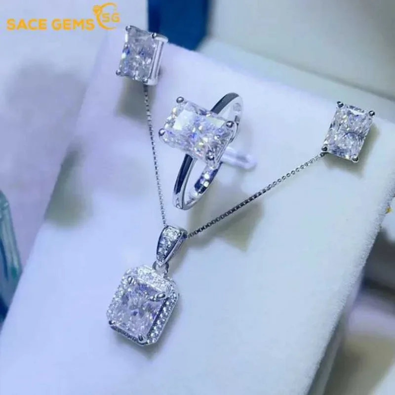 SACEGEMS 4ct Moissanite Jewelry Set 925Sterling Silver Ring Earrings Necklace 3Piece Set Fine Jewelry Wedding Party Wedding Sets