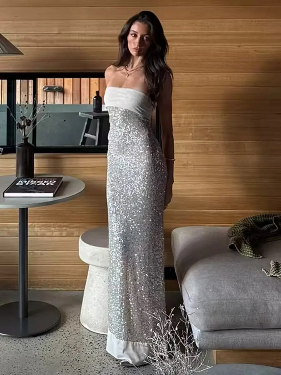 Elegant Sexy Strapless Evening Gown for Women with Sequins Slit Open Back Slim Fit Long Dress for Formal Occasions - view 3
