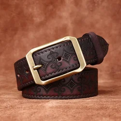 3.8CM Thickened Italian Pure Cowhide High Quality Genuine Leather Belts for Men Carving Strap Male Brass Buckle Jeans Cowboy