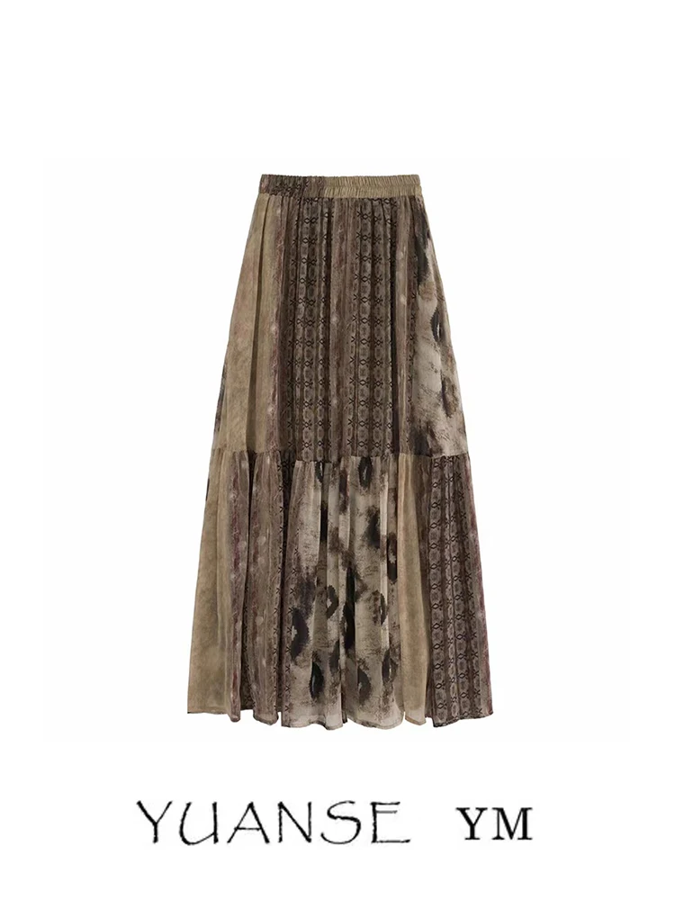 

Юбка Ele Lazy с цветочным принтом и эластичной резинкой на талии, винтажная нежная юбка, весна-осень, свободная длинная юбка трапециевидной формы