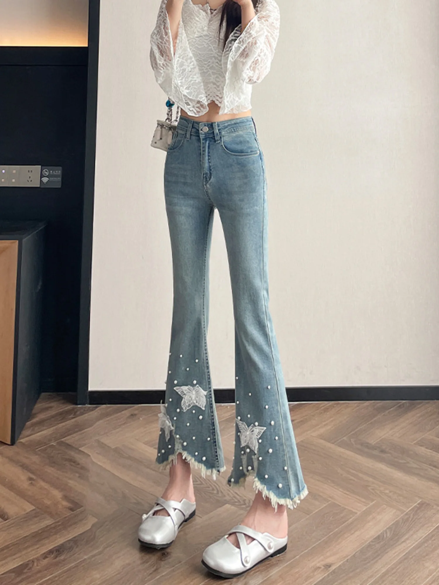 Women High Waist Butterfly Embroidered Pearl Flare Jeans Slim Fit Bootcut Denim Pants Frayed Hem Ankle Length