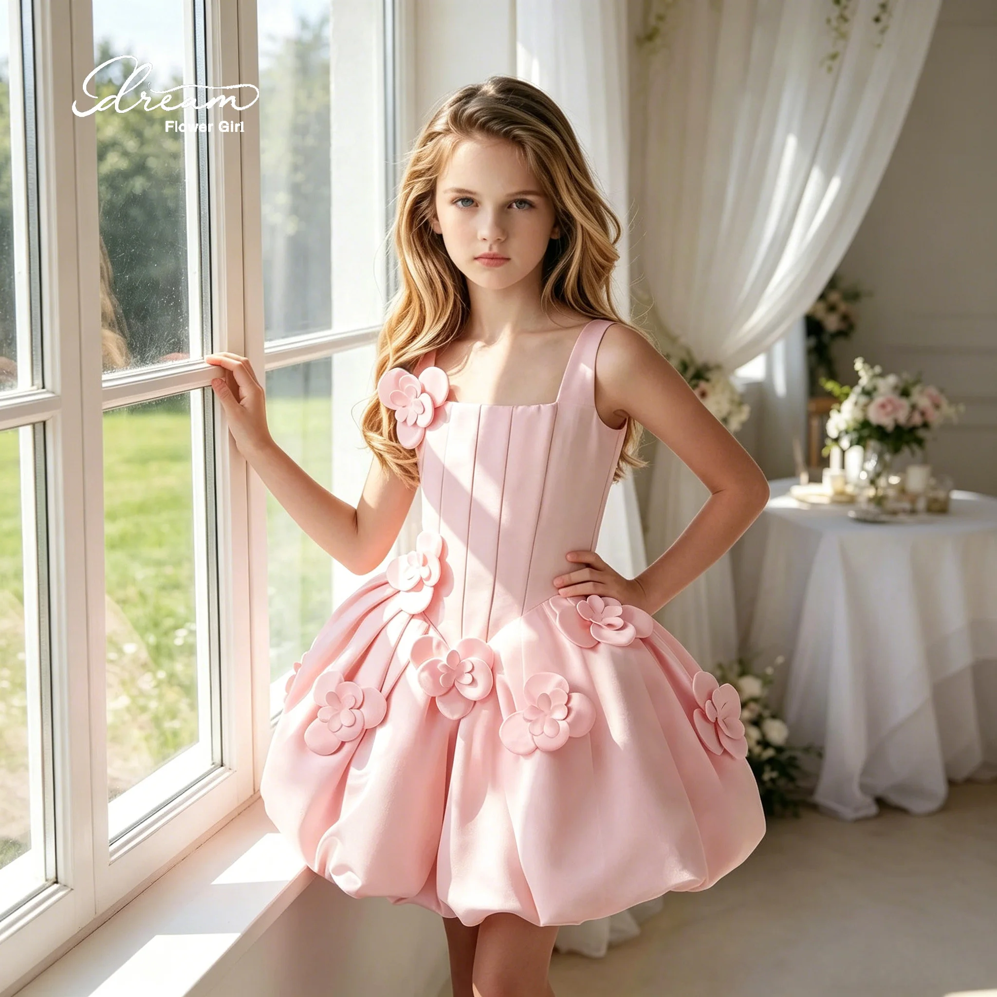 Elegant pink satin tight, fluffy short dress evening gown, decorated with cute three-dimensional appliqués