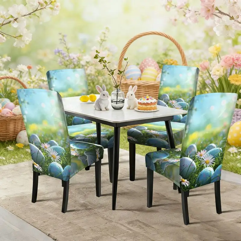 

Easter 2D flat print dining chair set, spring grass, Easter egg white daisy pattern, elastic chair cover