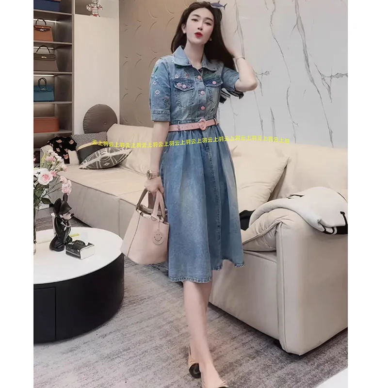 2023 New Women\'s Exquisite French Denim Dress With A Sense Of Niche Design 2023 Summer Embroidered Female with Long Dress Belt