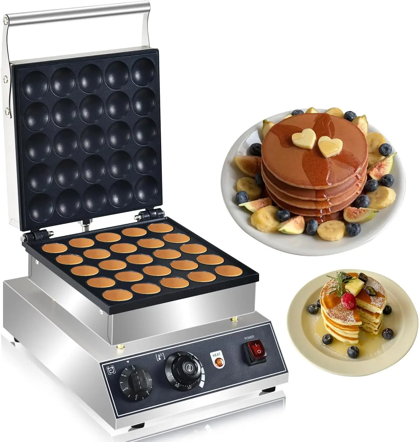 25pcs Mini Pancake Poffertjes Machine, 1800W Commercial Electric Poffertjes Grill, Stainless Steel, Temp & Time Control,for Home