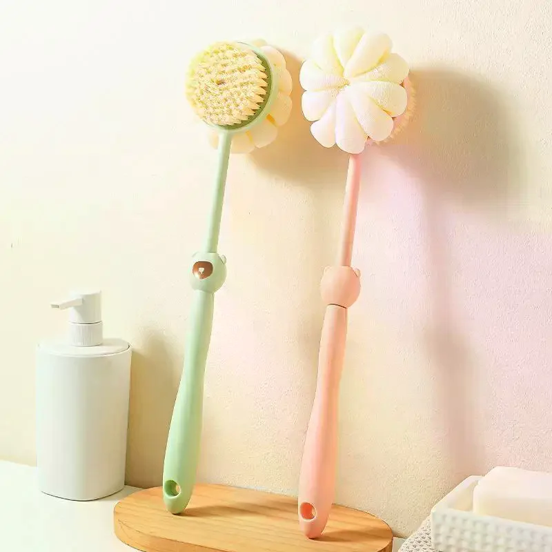 2 In 1 Long Handle Bath Brush With Soft Bristles And Loofah Puff For Home Shower Back Scrubbing Body Cleaning