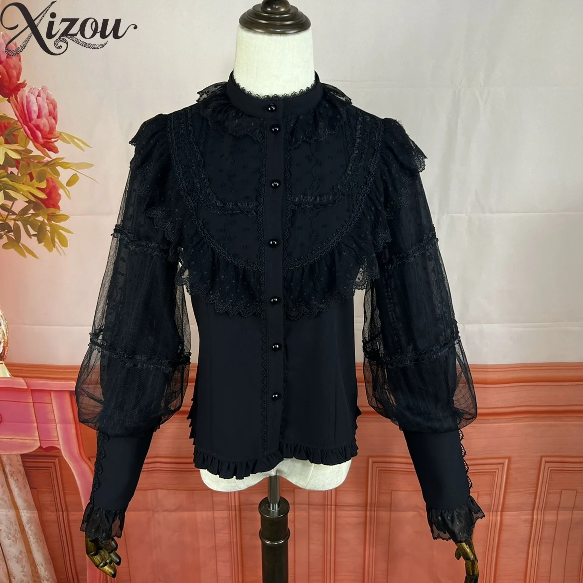 Automne et hiver nouvelles chemises Lolita intérieur velours chaud femmes à manches longues haut col montant chemise à bascule Camisas De Mujer