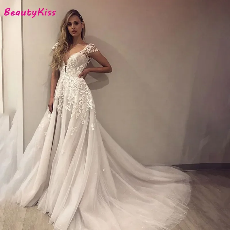 Sexy Backless A-Line Wedding Dresses Sparkling Beaded Tulle Bridal Dress Deep V-Neck Appliques Wedding Gowns Robe De Mariee