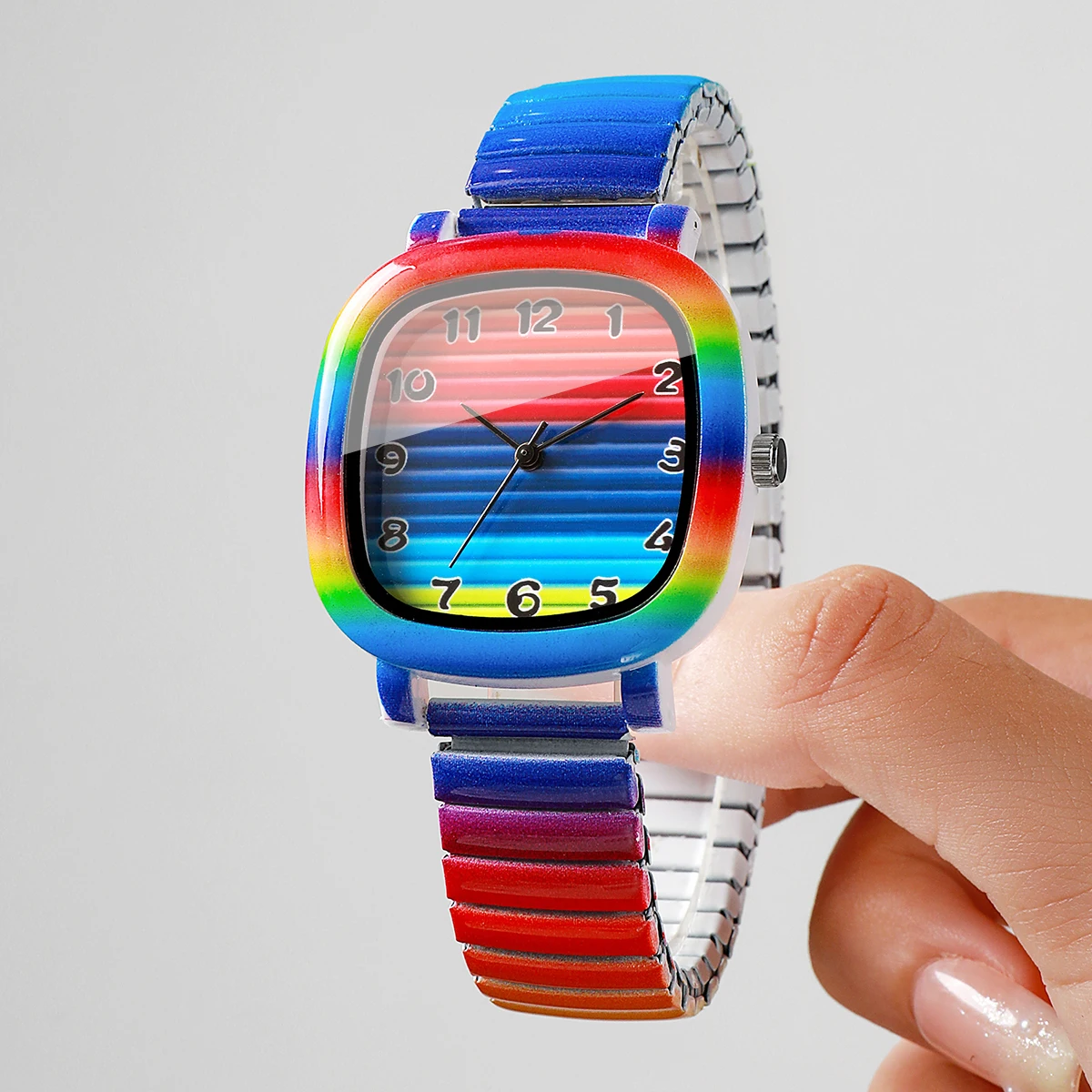 Fashion Rainbow Elastic Stretch Band Women Watches Square Girls Dress Wristwatch Clock Gift Relogio Feminino（Without Box） - view 4
