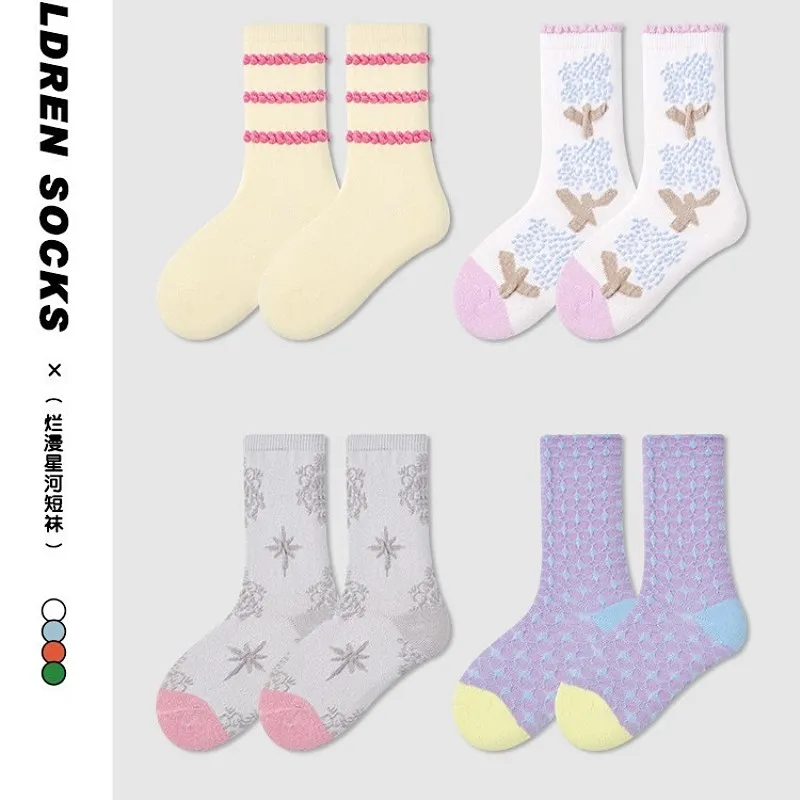 

3-12Y Girls Socks Spring Trendy Textile Pattern Fancy Lace Socks 4 Pairs/lot Cotton Sock Summer Crew Socks