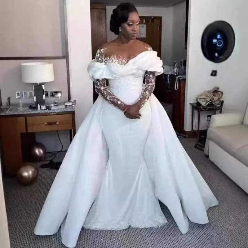 New foreign trade wedding dress pure white African bridal wedding dress mermaid wedding dress fishtail robe detachable tiling dr