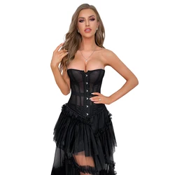 Hollow Out Slimming Korset Black Front 6 Busk Closure Mesh Overbust Corset Bustier Top