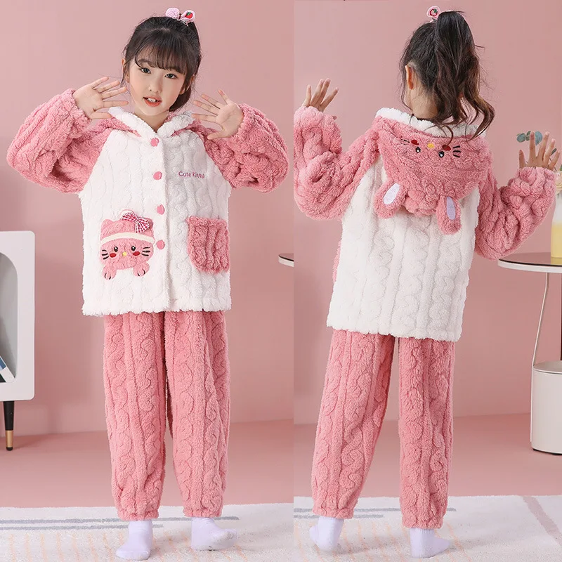 

2 шт., детская фланелевая пижама с героями мультфильмов Kuromi Kawaii, Cinnamoroll Sanrio, аниме, осенне-зимняя теплая утепленная домашняя одежда для девочек и мальчиков, домашняя одежда