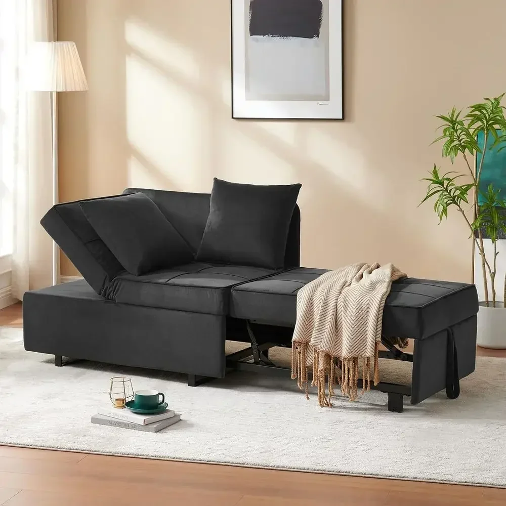 4-in-1 Velvet Convertible Couch, Pull-out Sleeper Chair Bed with Throw Pillows, Recliner for Small Living Spaces, Grey