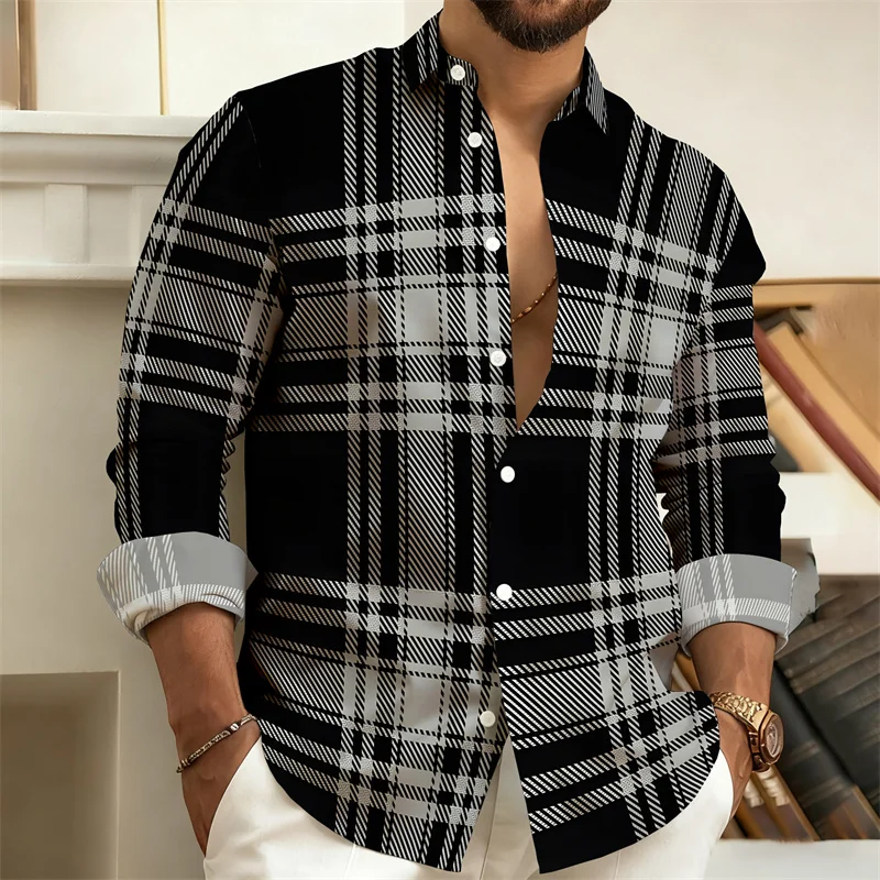 Men's Black and Gray Color-Blocked Plaid Long-Sleeved Shirt, Loose-Fitting Casual Long-Sleeved Shirt, Comfortable Fabric.