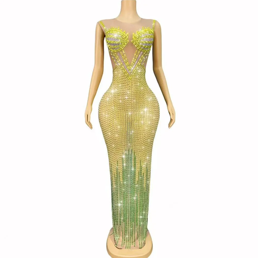

Sparkly Rhinestones Sleeveless Long Dress Women Sexy Mesh See Through Evening Celebrate Wedding Birthday Photoshoot Stage Wear