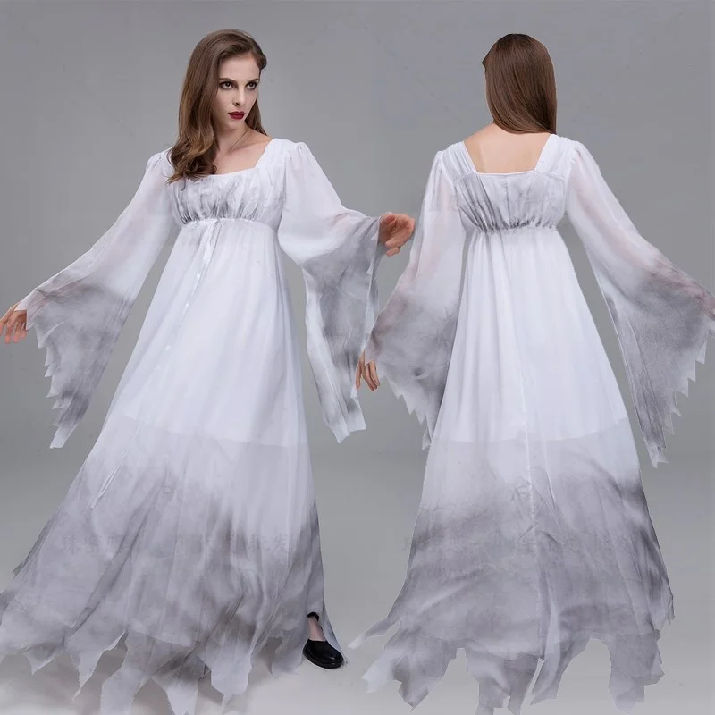 

loween Costume Women's Witch Evil Queen White Ghost Long Dr Performance Outfit Fem Ghost Bride