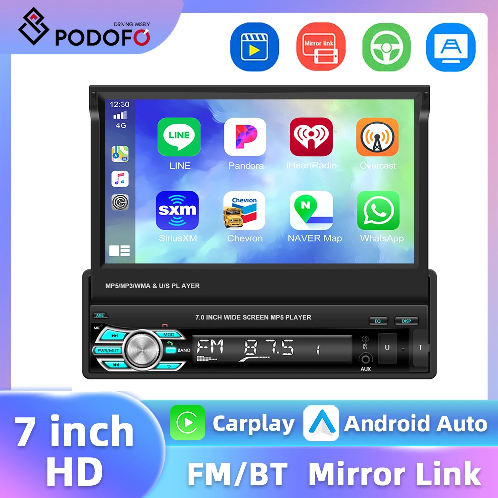 Podofo Android 1Din Car Radio 7'' Multimedia Player Carplay Android Auto Bluetooth USB GPS Navigation WIFI 2+64G EQ Car Stereo