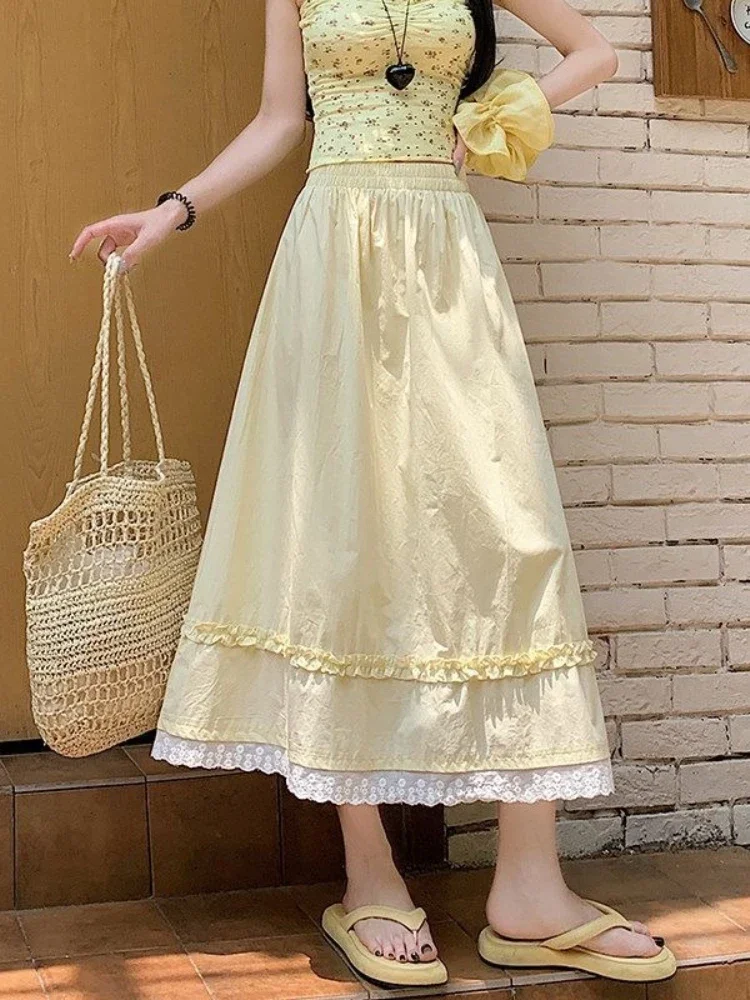 Korean Fashion Long Skirts for Women 2026 Summer New Yellow Sweet Lace Umbrella Skirt Elasticity High Waist Skirts for Women