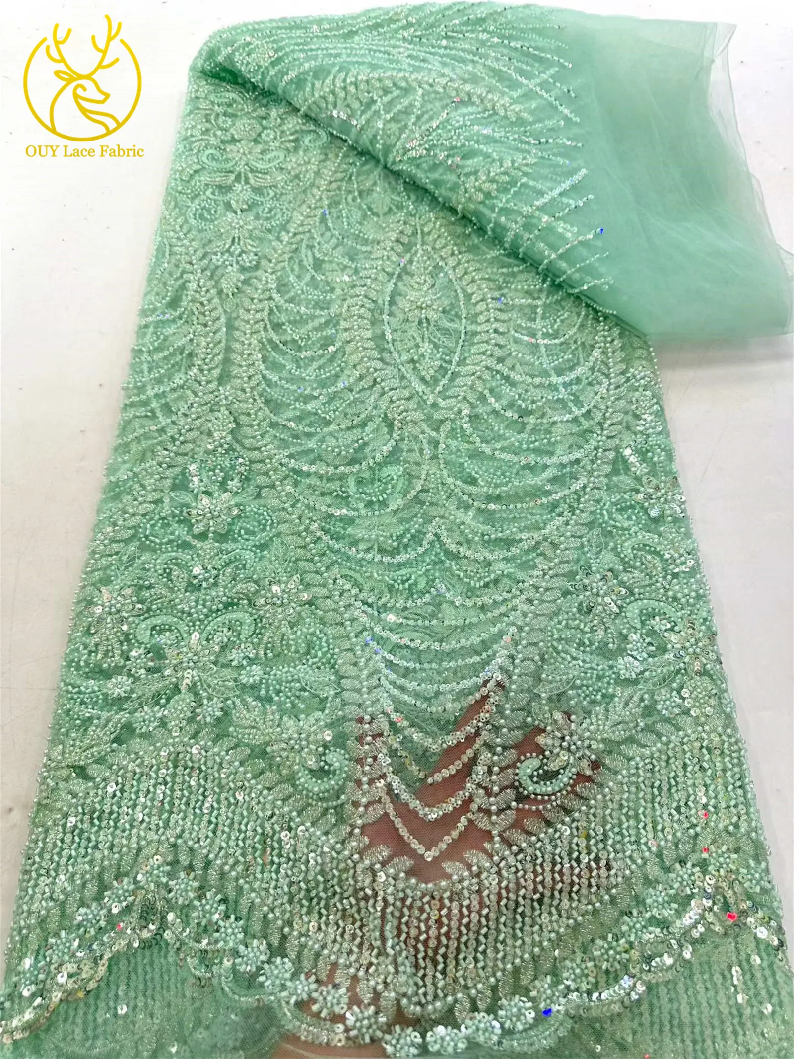 Luxuriöser goldener nigerianischer Mesh-Spitzenstoff mit Perlen und Pailletten, afrikanische französische Brautstickerei, Hochzeitsspitze für Damen, Partykleid, Nähen – Detail 10